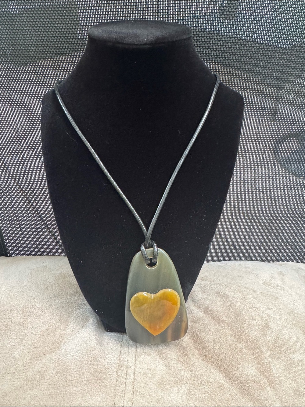 Handcrafted Green Resin Pendant Necklace with Amber Heart Accent